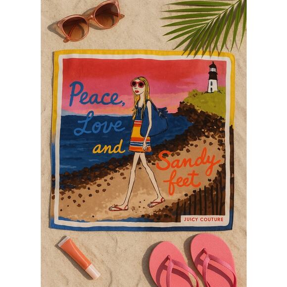 Juicy Couture Y2K Beach Scarf | Peace Love Sandy Feet | Retro Summer Vibes |Silk - Picture 1 of 8